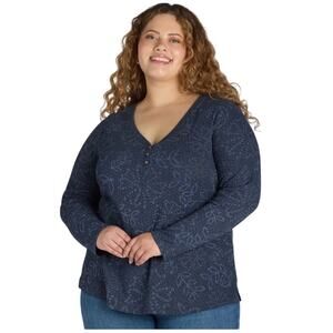 Terra & Sky Waffle Knit Henley Top Women 3X Blue Long Sleeve Plus Size Shirt NEW